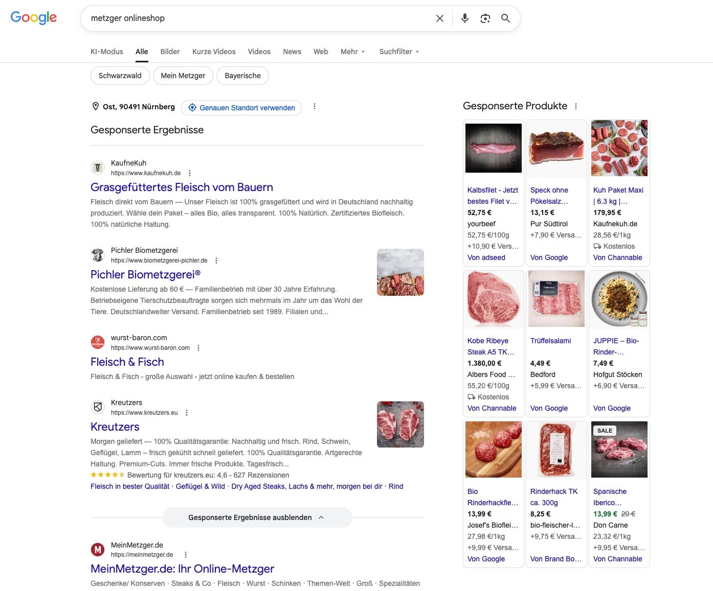 Google-Suche nach metzger onlineshop mit gesponserten Ergebnissen und Produkten