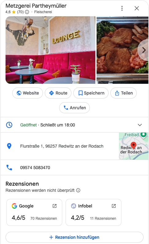 Google-Unternehmensprofil der Metzgerei Partheymüller mit 4,6 Sternen