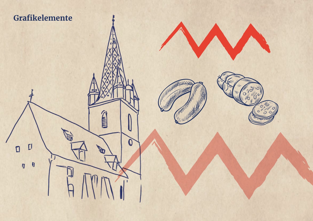 Grafikelemente: Kirche, Würste, Zickzack-Linie