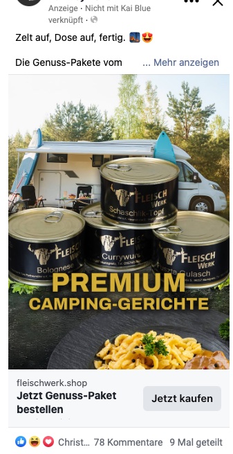 Facebook-Feed-Anzeige von Fleischwerk: Premium Camping-Gerichte
