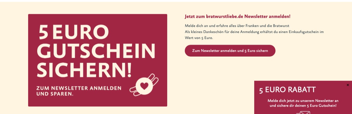 Newsletter-Anmeldung auf bratwurstliebe.de mit 5-Euro-Gutschein