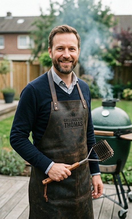Thomas mit Grillbürste vor seinem Keramikgrill (KI-generiert)