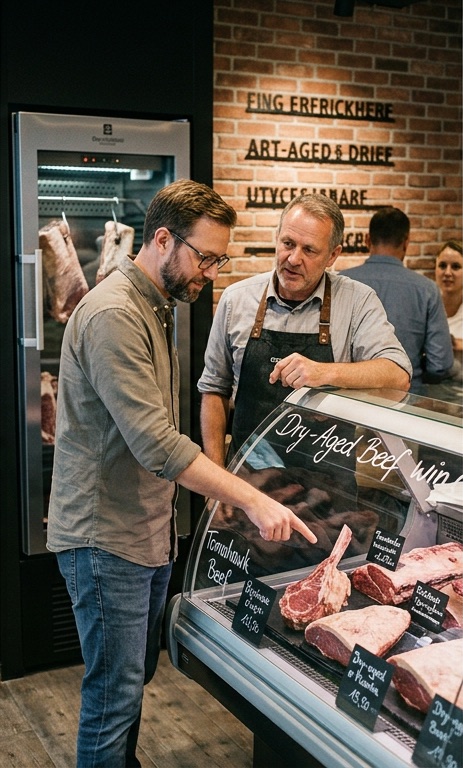 Beratung vor dem Dry-Aged-Kühlschrank (KI-generiert)